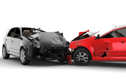 A red car and black car crash in an accident